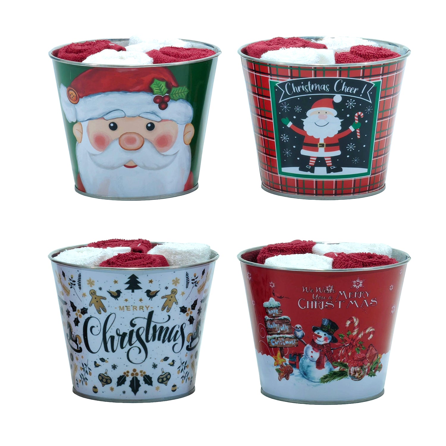 VESTIAMO CASA GRAN NATALE - Set 4 Lavette Bagno Natalizie con vaso in latta 30x30 cm